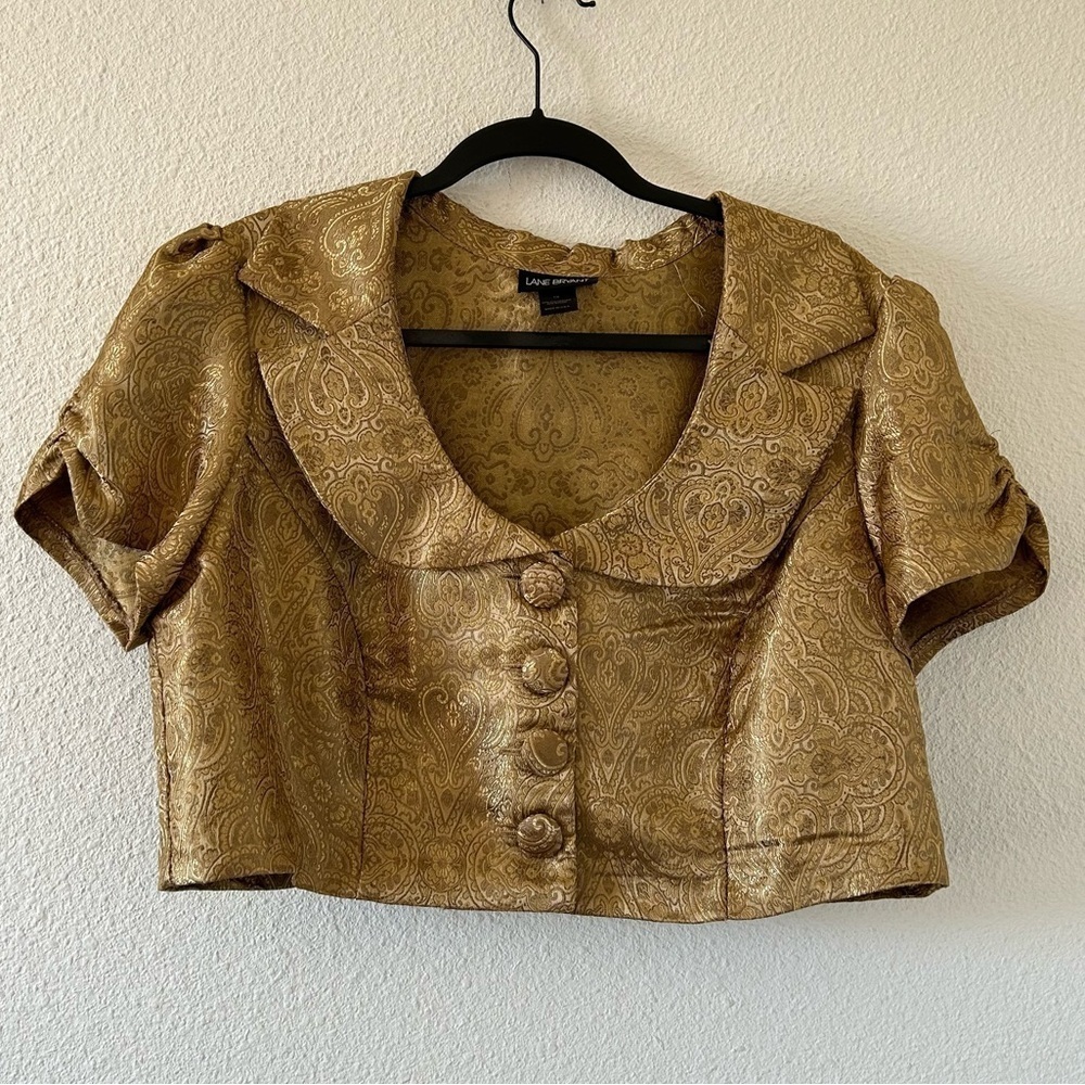 LANE BRYANT Women’s Cropped Button Up 16 Gold Paisley Print Puff Sleeves Buttons